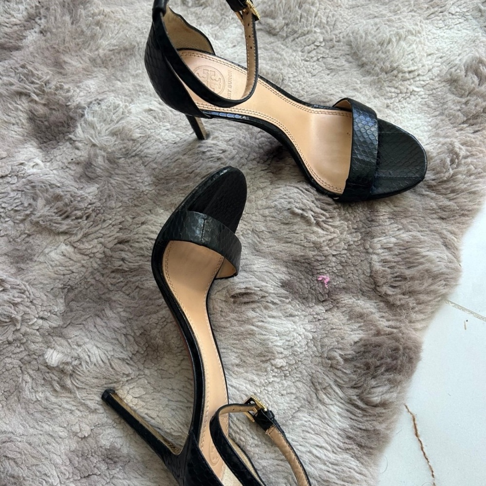 Tory Burch black snakeskin heels.